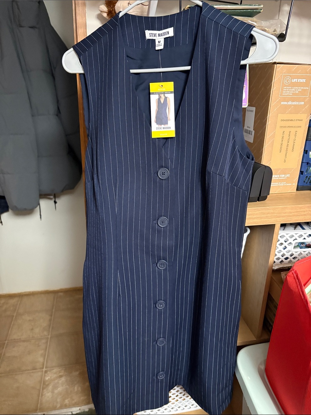 Steve Madden Navy Pinstripe Sleeveless Button-Front Midi Dress